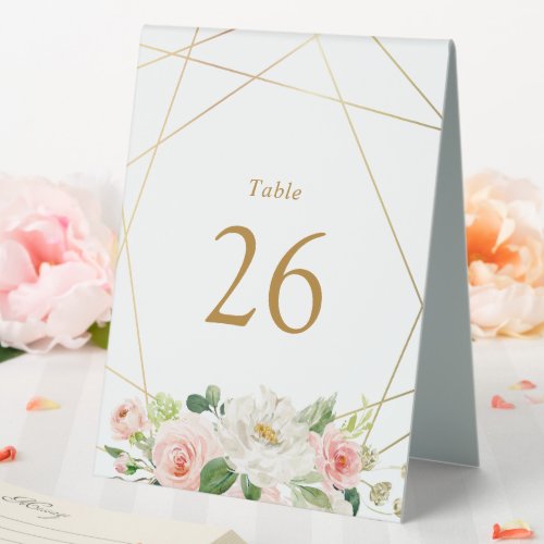 Geometric gold  blush wedding table number table tent sign