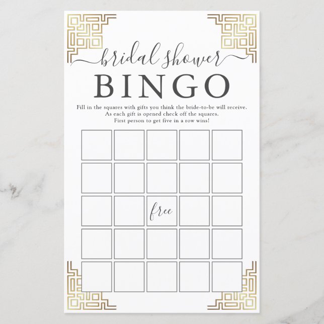Geometric Gold Border Bridal Shower Bingo Game (Front)