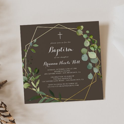 Geometric Gold Brown Green Calligraphy Baptism  Invitation