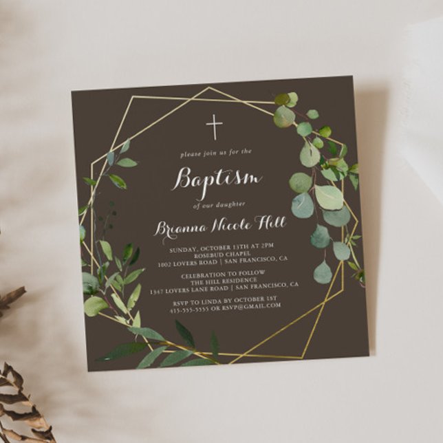 Geometric Gold Brown Green Calligraphy Baptism  Invitation (Creator Uploaded)