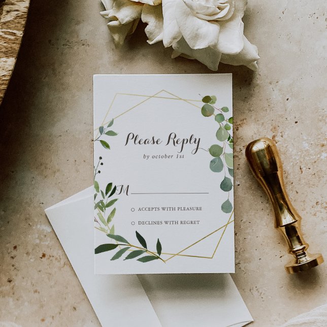 Geometric Gold Brown Green Calligraphy RSVP Card (Creator Uploaded)