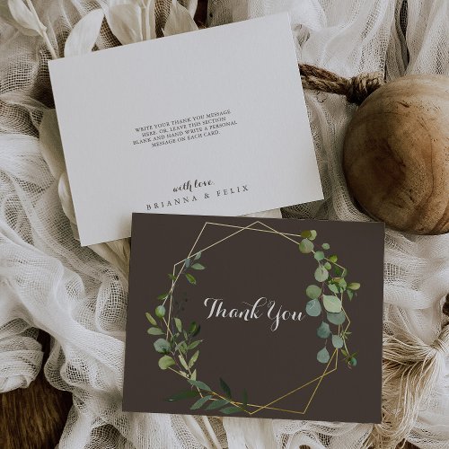 Geometric Gold Brown Green Eucalyptus Flat Wedding Thank You Card