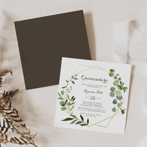 Geometric Gold Brown Green Eucalyptus Quinceaera  Invitation