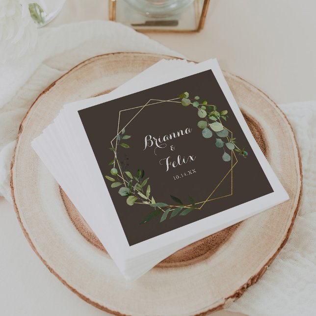 Geometric Gold Brown Green Eucalyptus Wedding  Napkins (Creator Uploaded)