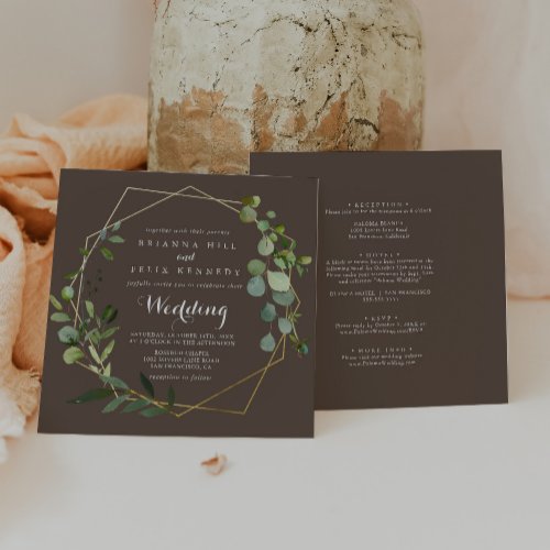 Geometric Gold Brown Green Front  Back Wedding Invitation