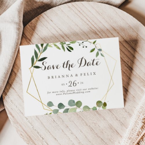 Geometric Gold Brown Green Horizontal Wedding  Save The Date