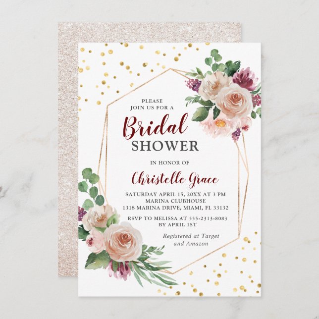Geometric Gold Burgundy Boho Flowers Bridal Shower Invitation (Front/Back)