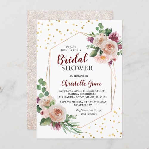 Geometric Gold Burgundy Boho Flowers Bridal Shower Invitation