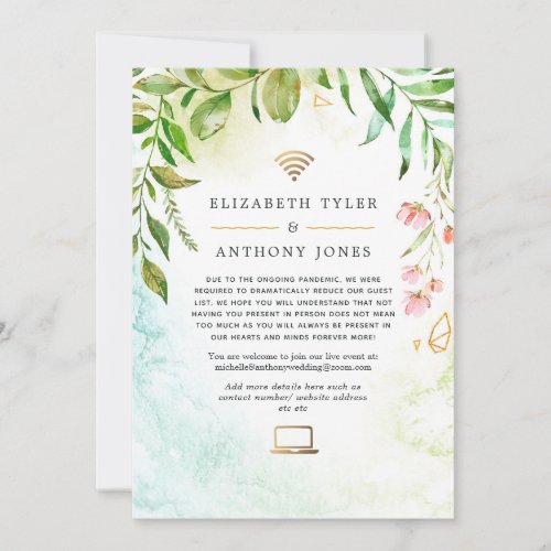 Geometric Gold Crystal Greenery Virtual Wedding Announcement