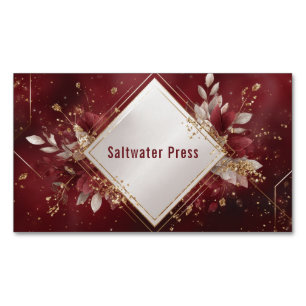 Geometric Gold Diamond Frame Burgundy Floral Business Card Magnet