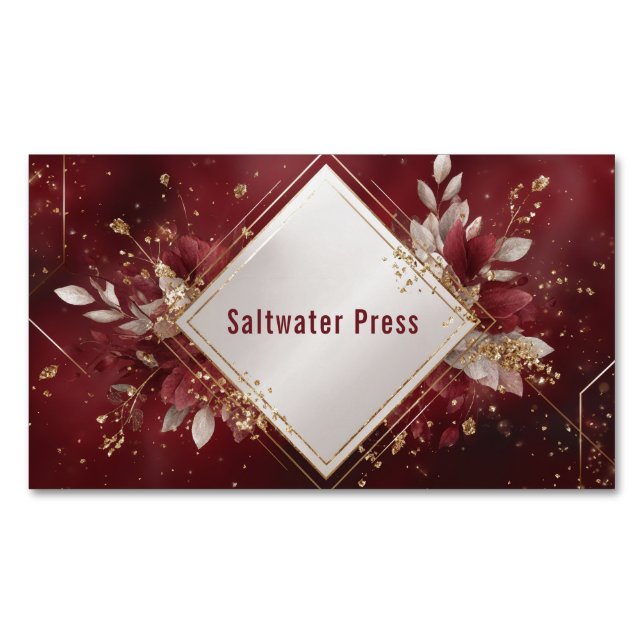 Geometric Gold Diamond Frame Burgundy Floral Business Card Magnet (Front)