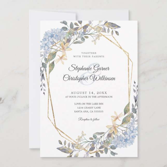 Geometric Gold Dusty Blue Floral Wedding Invitation (Front)