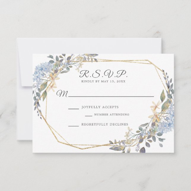 Geometric Gold Dusty Blue Floral Wedding RSVP Card (Front)