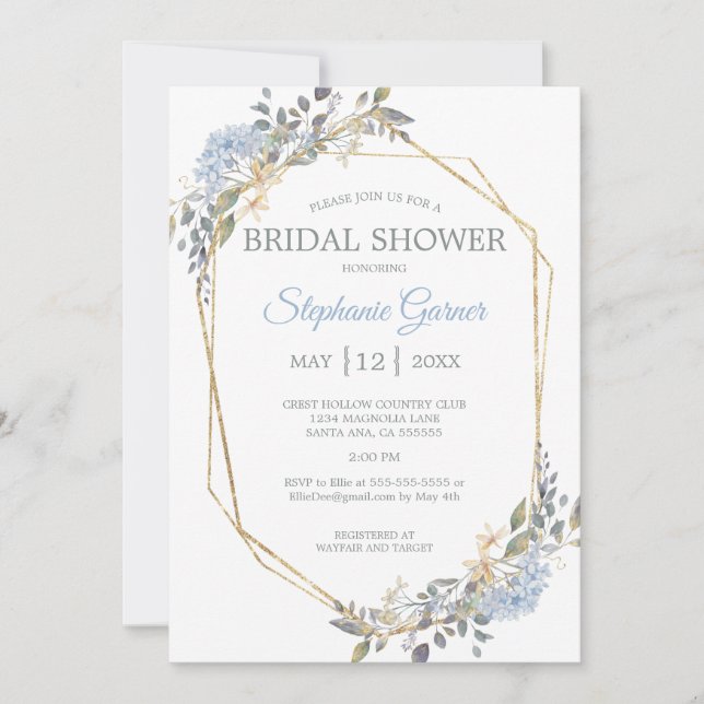 Geometric Gold Dusty Blue Florals Bridal Shower Invitation (Front)