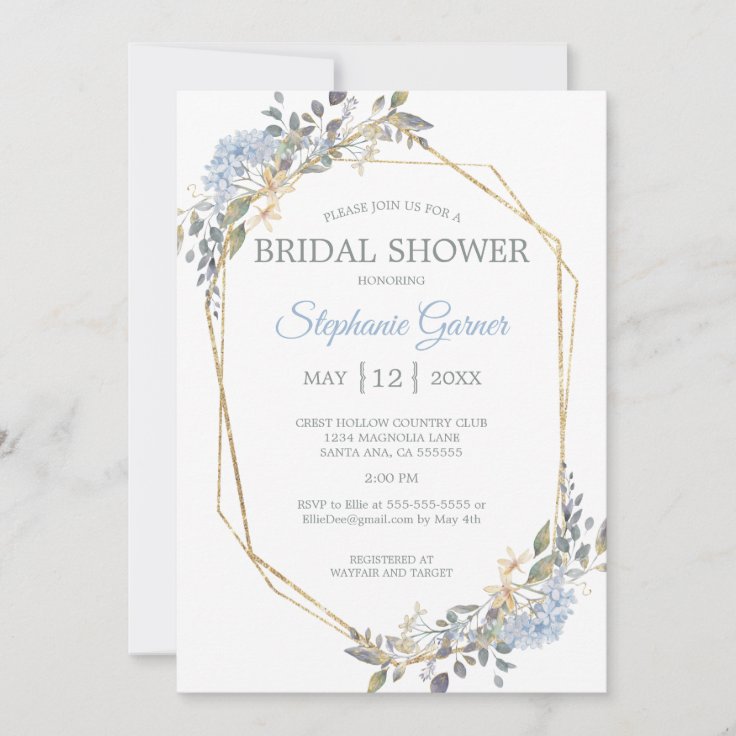 Geometric Gold Dusty Blue Florals Bridal Shower Invitation | Zazzle