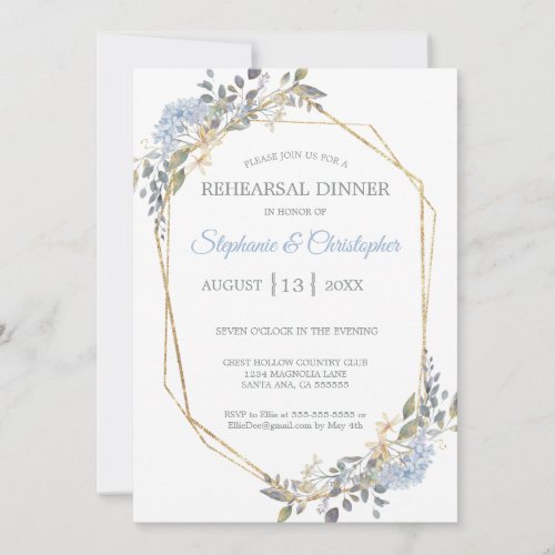 Geometric Gold Dusty Blue Florals Rehearsal Dinner Invitation