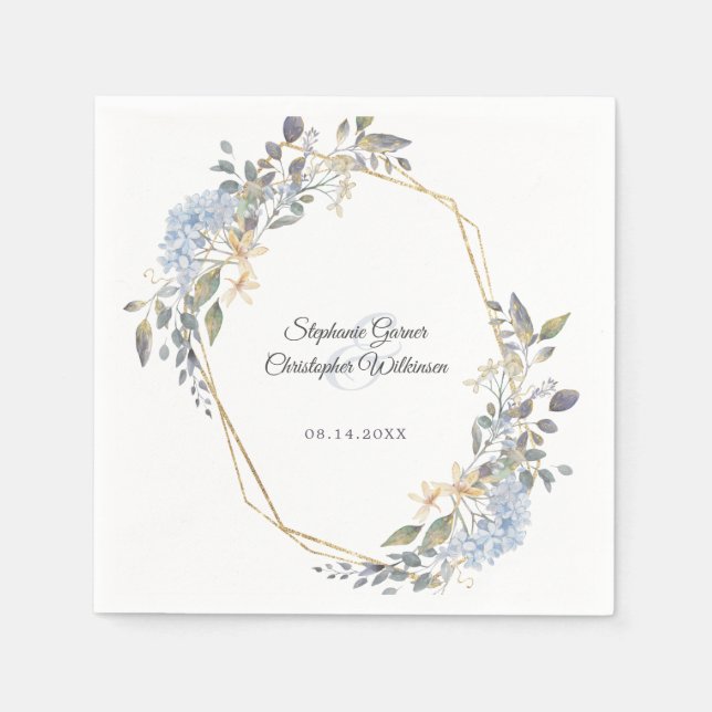 Geometric Gold Dusty Blue Florals Wedding Napkins (Front)
