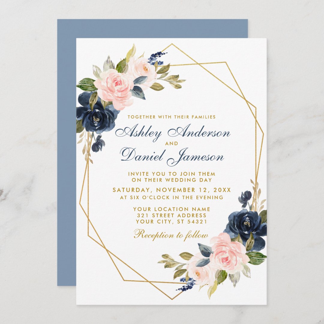 Geometric Gold Dusty Blue Pink Floral Wedding Invitation | Zazzle