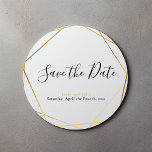 Geometric gold effect save the date classic round sticker<br><div class="desc">Geometric gold effect wedding Save the Date sticker. Wedding Save the Date sticker. Wedding envelope seal. Modern gold geometric Save the date sticker to finish off your invitations and send out to your guests. This modern Save the date sticker features your names and wedding date with modern gold effect geometric...</div>