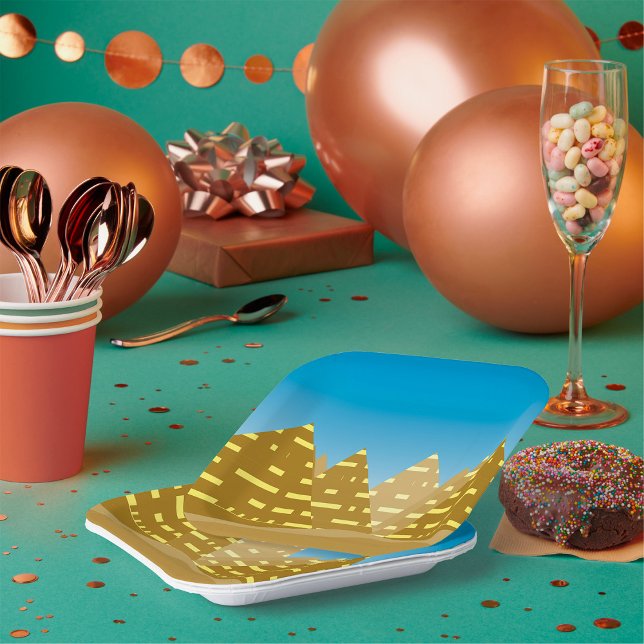 Geometric Gold Egyptian Pyramids Desert Landscape Paper Plates (Creator Uploaded)