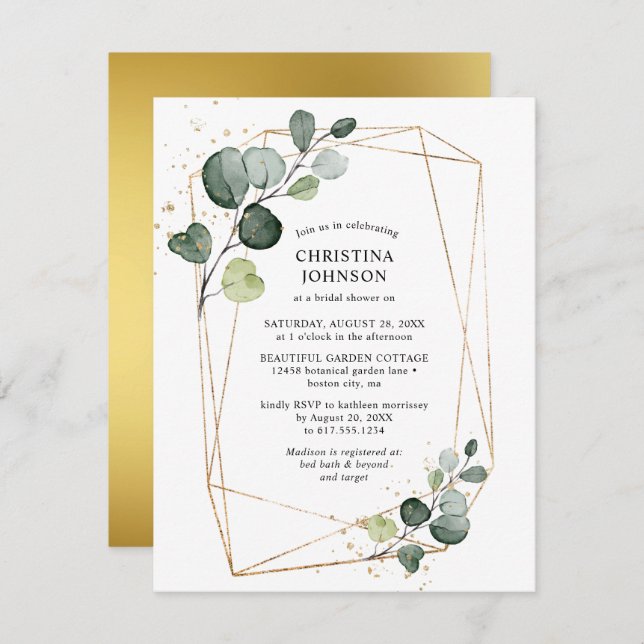 Geometric Gold Eucalyptus Bridal Shower Small Invitation (Front/Back)