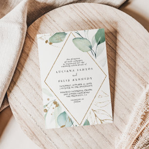 Geometric Gold Eucalyptus Diamond Wedding Invitation