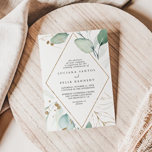 Geometric Gold Eucalyptus Diamond Wedding  Invitation