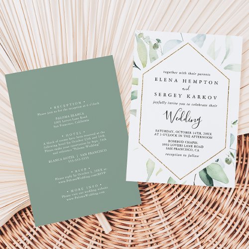 Geometric Gold Eucalyptus Front  Back Wedding  Invitation