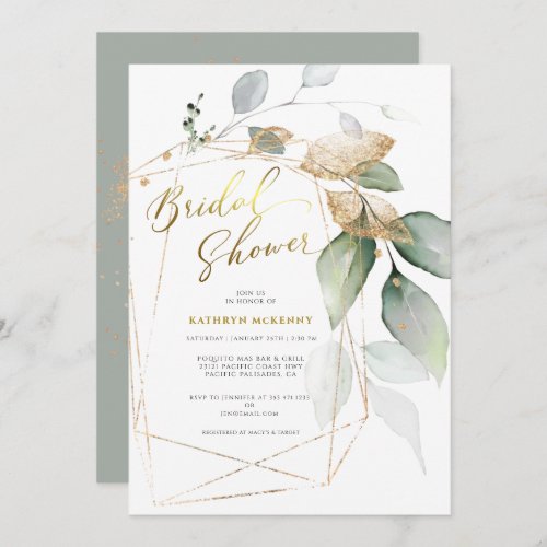 Geometric Gold Eucalyptus Greenery Bridal Shower I Invitation