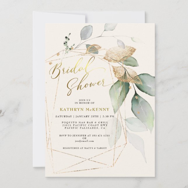 Geometric Gold Eucalyptus Greenery Bridal Shower I Invitation (Front)