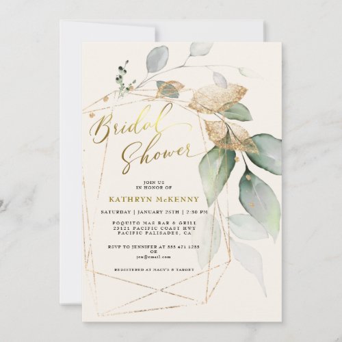 Geometric Gold Eucalyptus Greenery Bridal Shower I Invitation