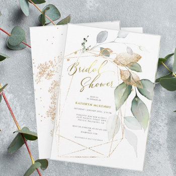 Geometric Gold Eucalyptus Greenery Bridal Shower Invitation by designcurvestudios at Zazzle