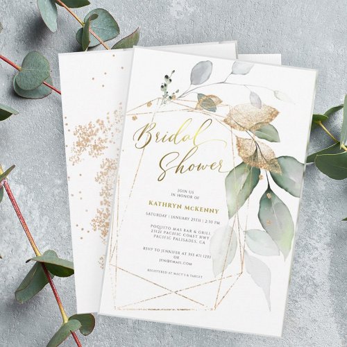 Geometric Gold Eucalyptus Greenery Bridal Shower Invitation
