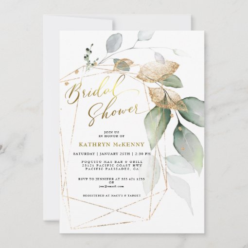 Geometric Gold Eucalyptus Greenery Bridal Shower Invitation | Zazzle