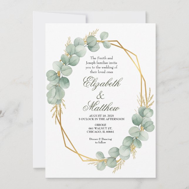 Geometric Gold Eucalyptus Wreath Wedding  Invitation (Front)