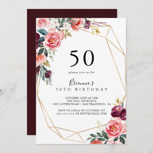 Geometric Gold Floral 50th Birthday Party Invitation