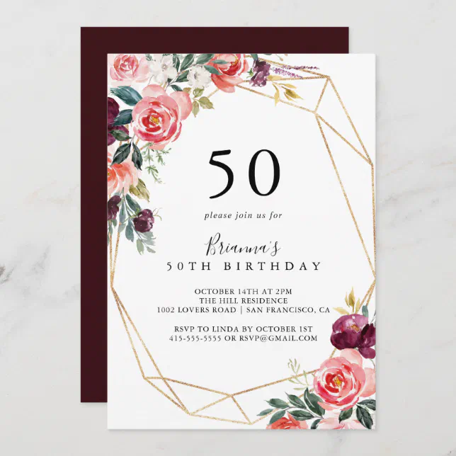 Geometric Gold Floral 50th Birthday Party Invitation | Zazzle