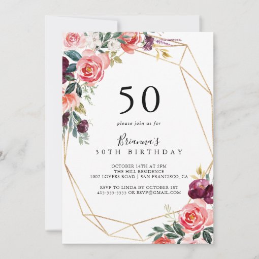 Geometric Gold Floral 50th Birthday Party Invitation | Zazzle