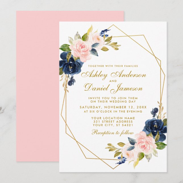 Geometric Gold Floral Blue Pink Blush Wedding Invitation (Front/Back)