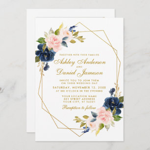 Geometric Gold Floral Blue Pink Photo Wedding Invitation