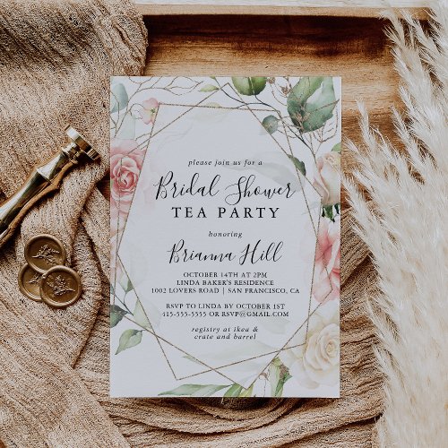 Geometric Gold Floral Bridal Shower Tea Party Invitation