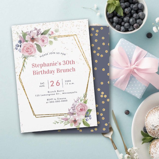 Geometric Gold Floral Frame Roses 30th Birthday Invitation (30th Birthday Brunch Invitation for Women Elegant Gold Geometric Frame Roses Floral Chic Classy)