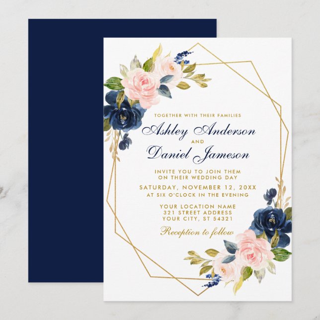 Geometric Gold Floral Pink Blush Blue Wedding Invitation (Front/Back)