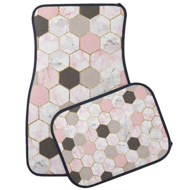 Geometric gold foil, marble hexagon pattern. car floor mat (Set)