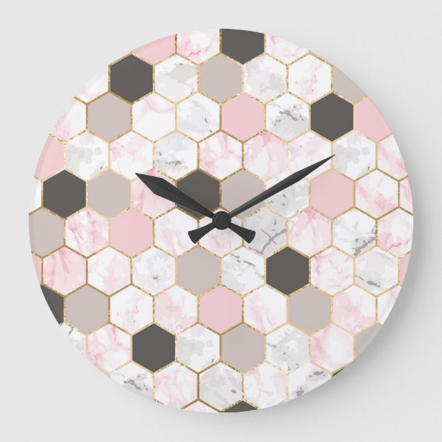 Geometric gold foil, marble hexagon pattern. large clock (Front)