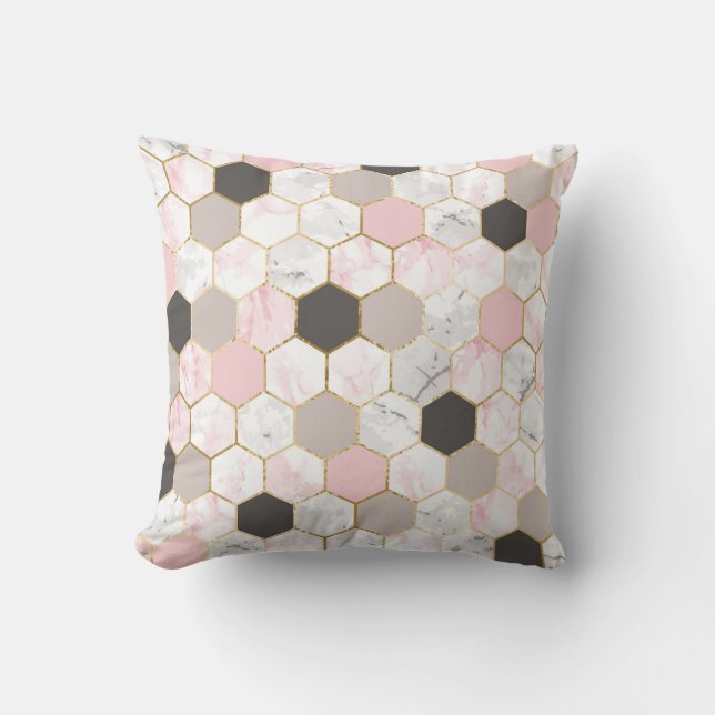 Geometric gold foil, marble hexagon pattern. throw pillow (Front)