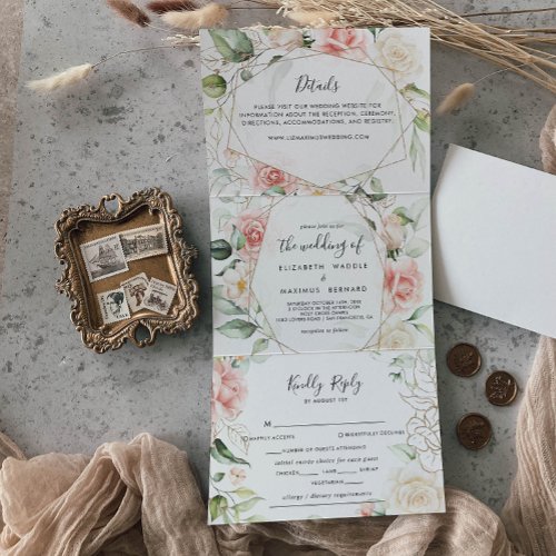 Geometric Gold Foliage Wedding Tri_Fold Invitation