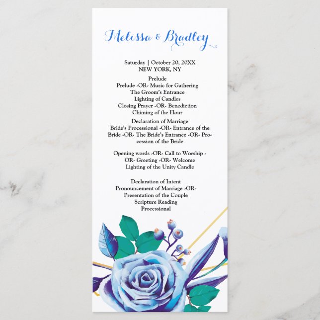 Geometric Gold Frame blue flora  ceremony Program (Front)