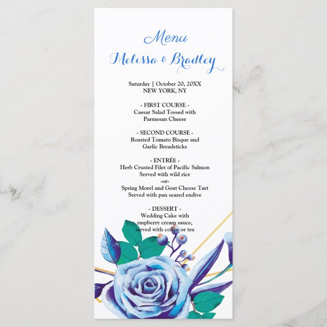 Geometric Gold Frame blue flora  Wedding Menu (Front)