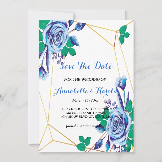Geometric Gold Frame blue floral save the date (Front)